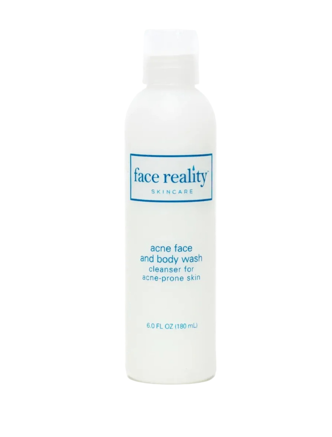A white bottle of acne face and body wash with a pump dispenser, labeled 'Face Reality'.