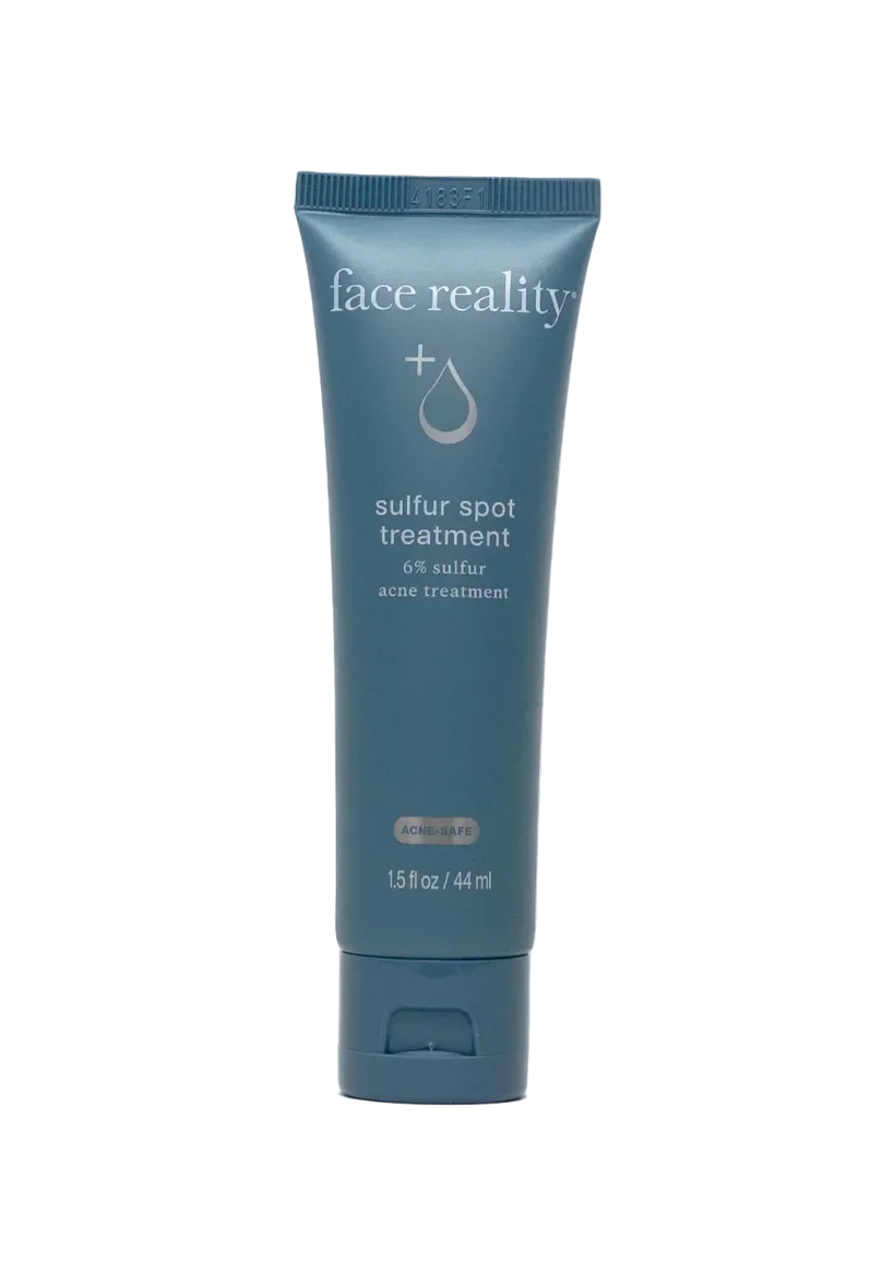 A tube of Sulfur Spot Treatment for acne, with a blue and white label.