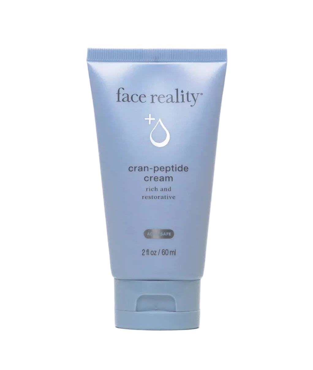 A tube of Cran-Peptide Cream by face reality. The tube is blue with white and darker blue text and design elements.