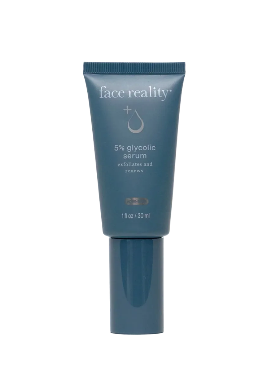 A tube of Face Reality Glycolic 5% Serum against a white background.