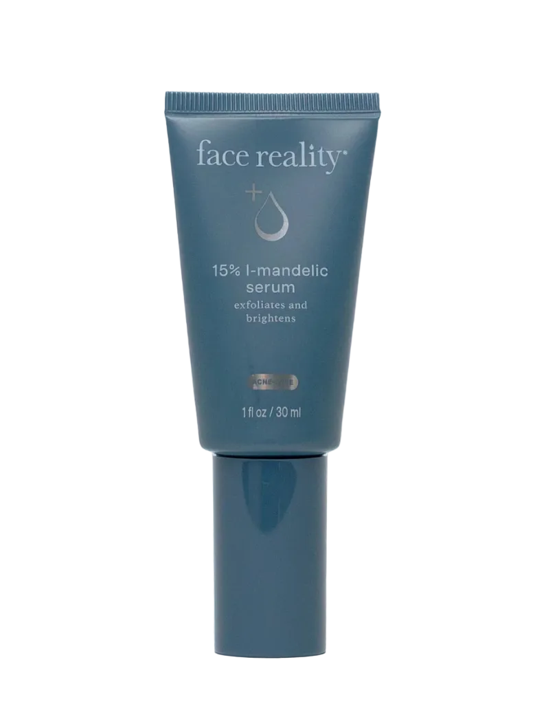 A blue tube of L-Mandelic 15% Serum against a white background, with product information visible on the label.