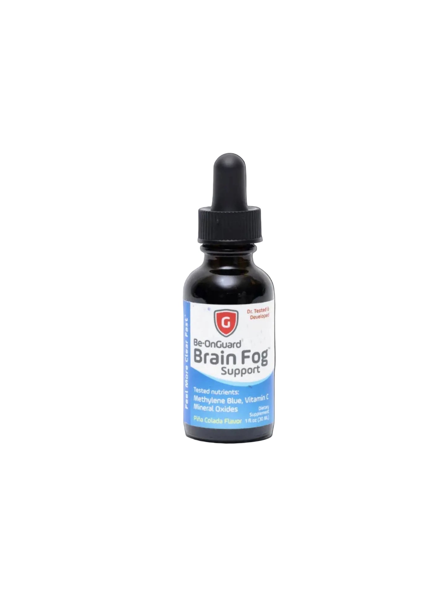 A bottle of Be-OnGuard Brain Fog Support supplement drops designed to improve memory with clinically-tested active ingredients including Methylene Blue, Vitamin C, and Mineral Oxides.