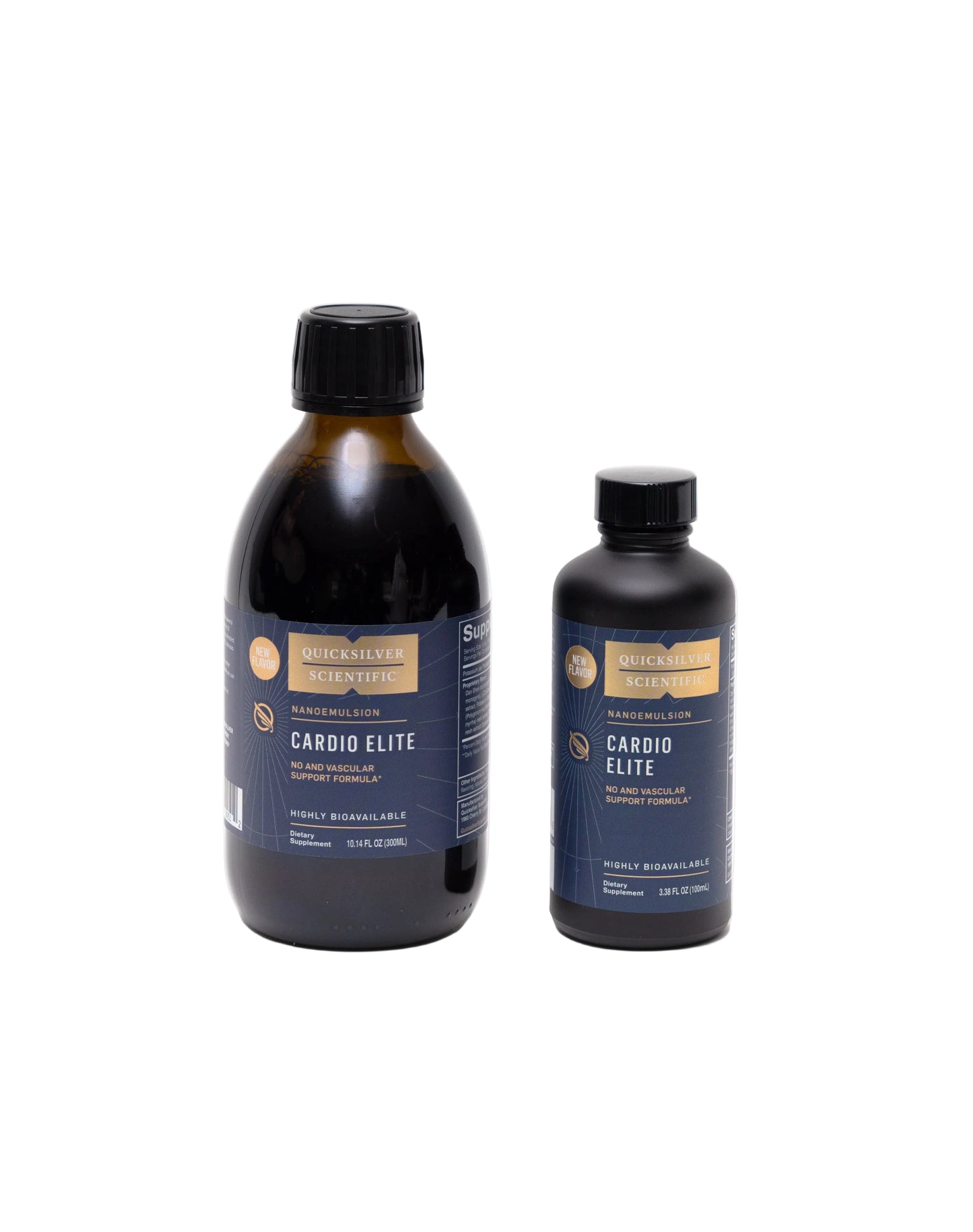 Two bottles of Cardio Elite supplement, one larger and one smaller, with labels indicating the product is a blend of nutraceuticals and botanicals for cardiovascular support.