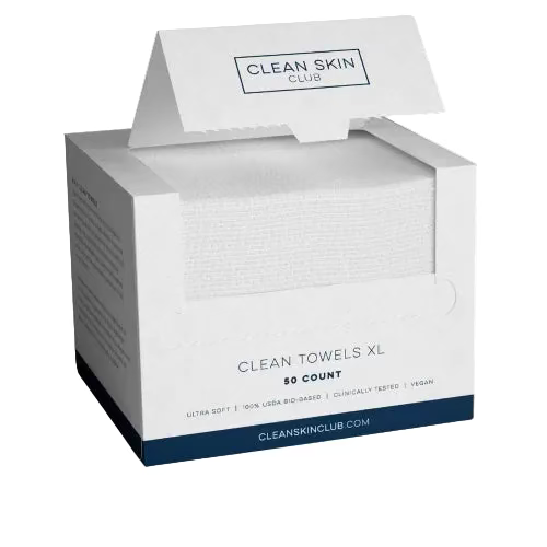 A pack of Clean Skin Club towels labeled as 'Clean Towels XL' with a count of 50, indicating a pack size of 50 towels.