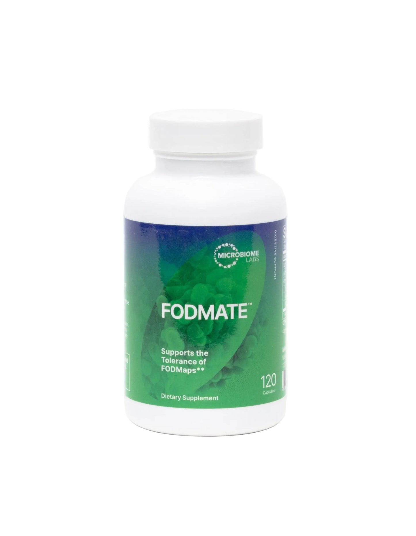 A bottle of FODmate Enzyme supplement with a green label on a white background.