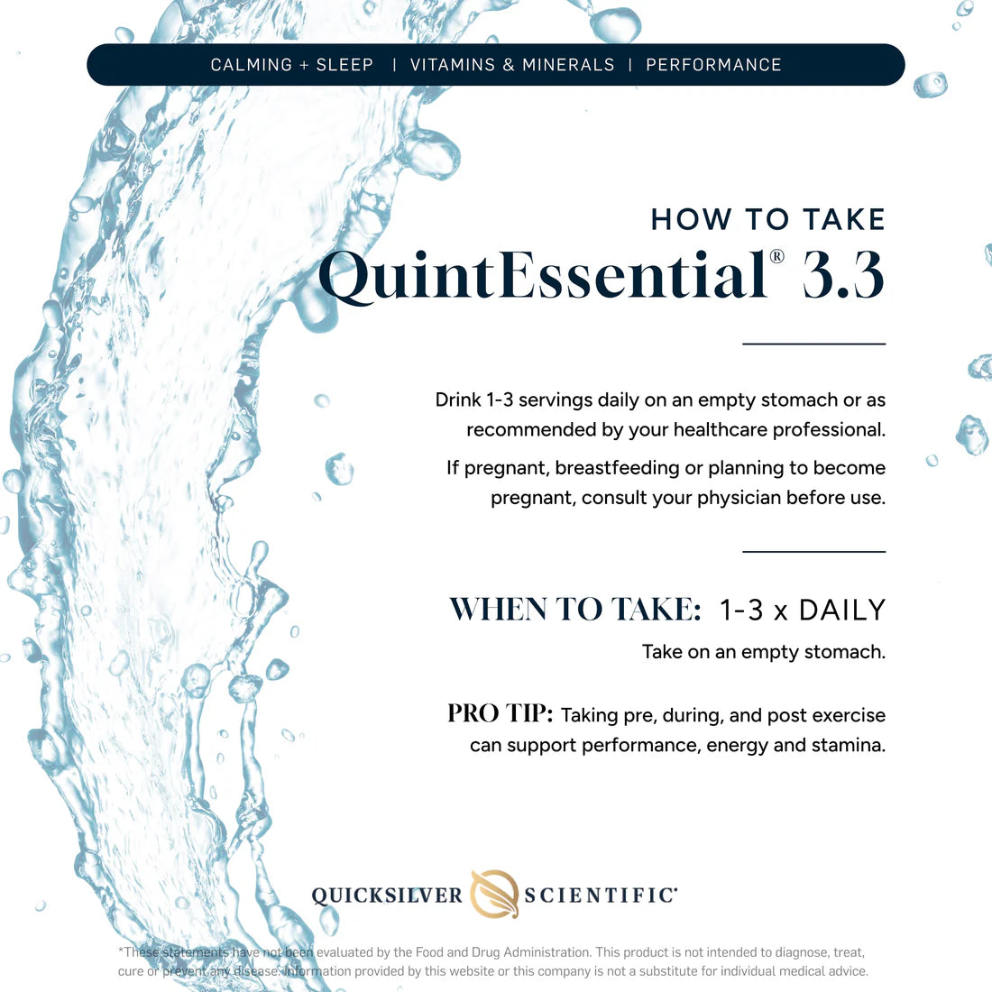 QuintEssential 3.3 supplement information with water splash design