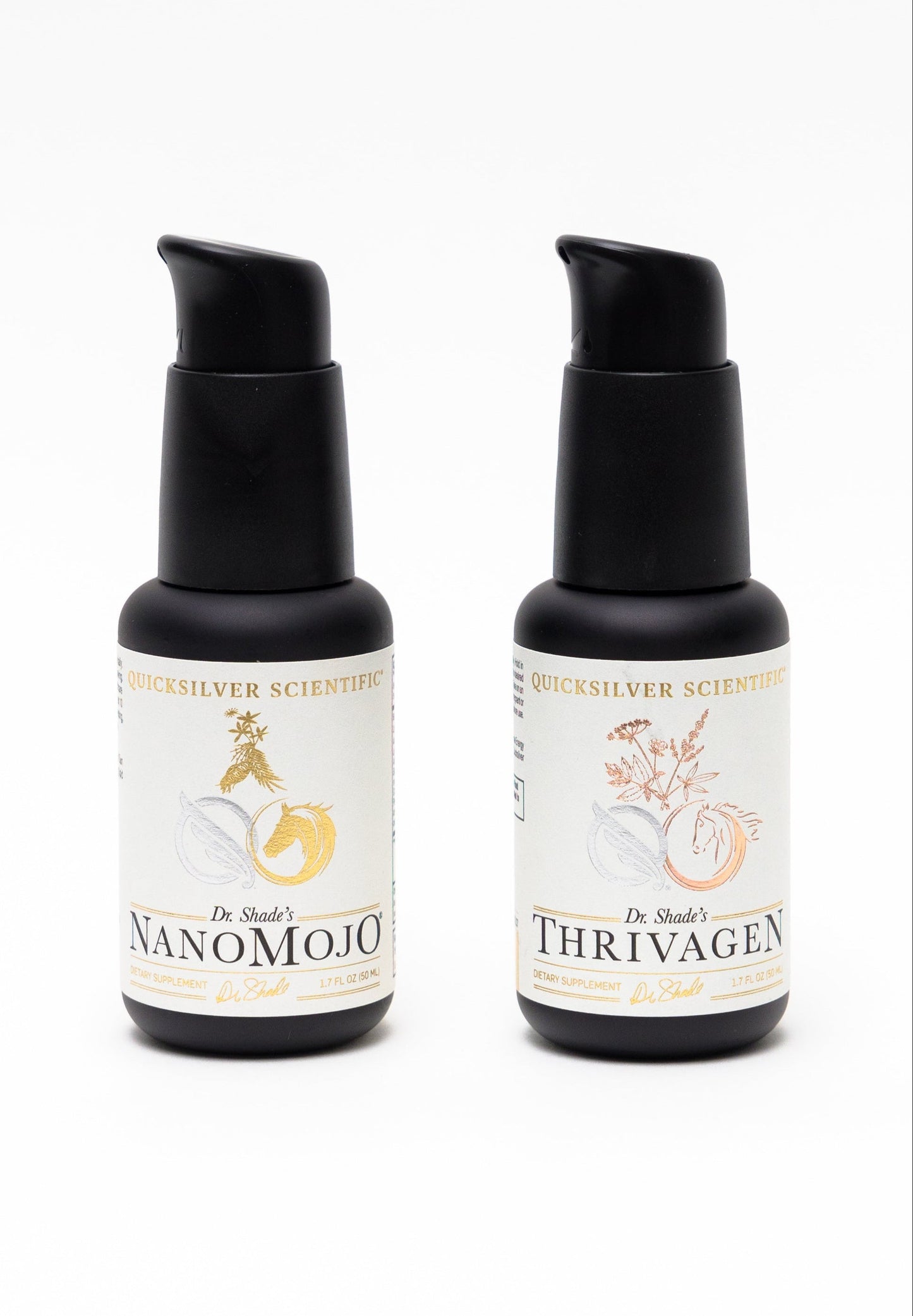 Two black bottles with white labels on a white background