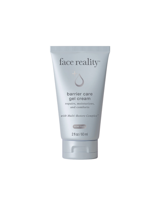Tube of  'face reality' barrier care gel cream on a white background at beauty culture