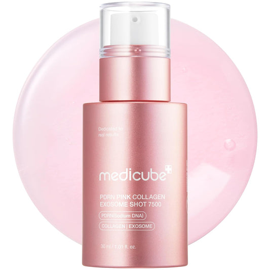 Pink skincare product bottle with 'medicube' branding on a white background carried at beauty culture