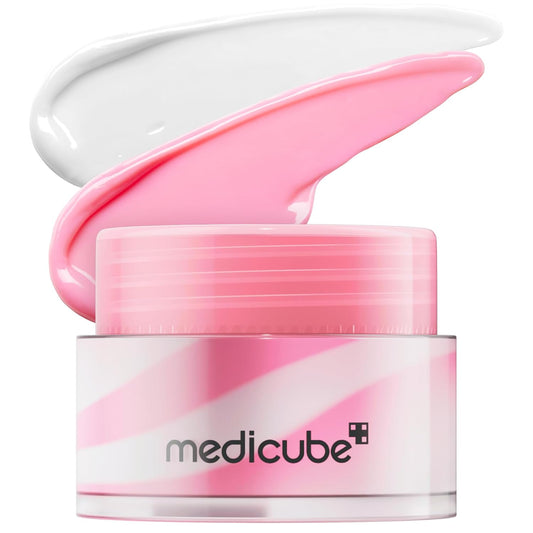 Pink and white cream jar with 'medicube' branding on a white background Beauty Culture PDRN Lip Sleeping Mask