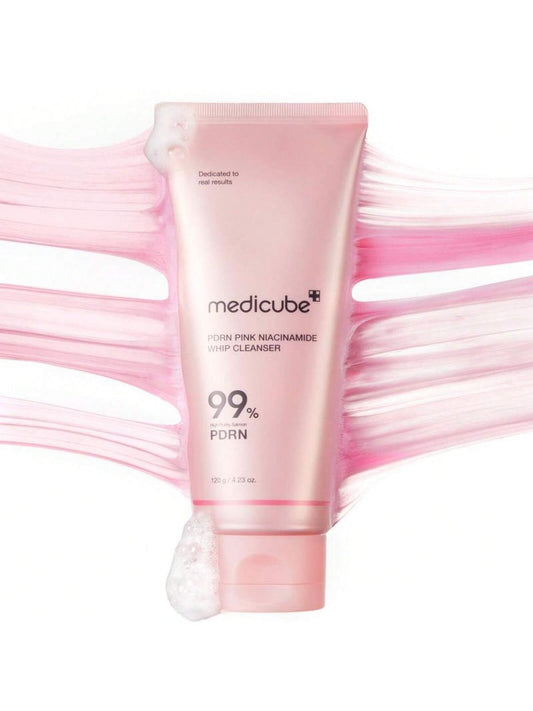 Pink tube of Medicube cleanser with pink ribbons on a white background PDRN Pink Niacinamide Whip Cleanser at beauty culture