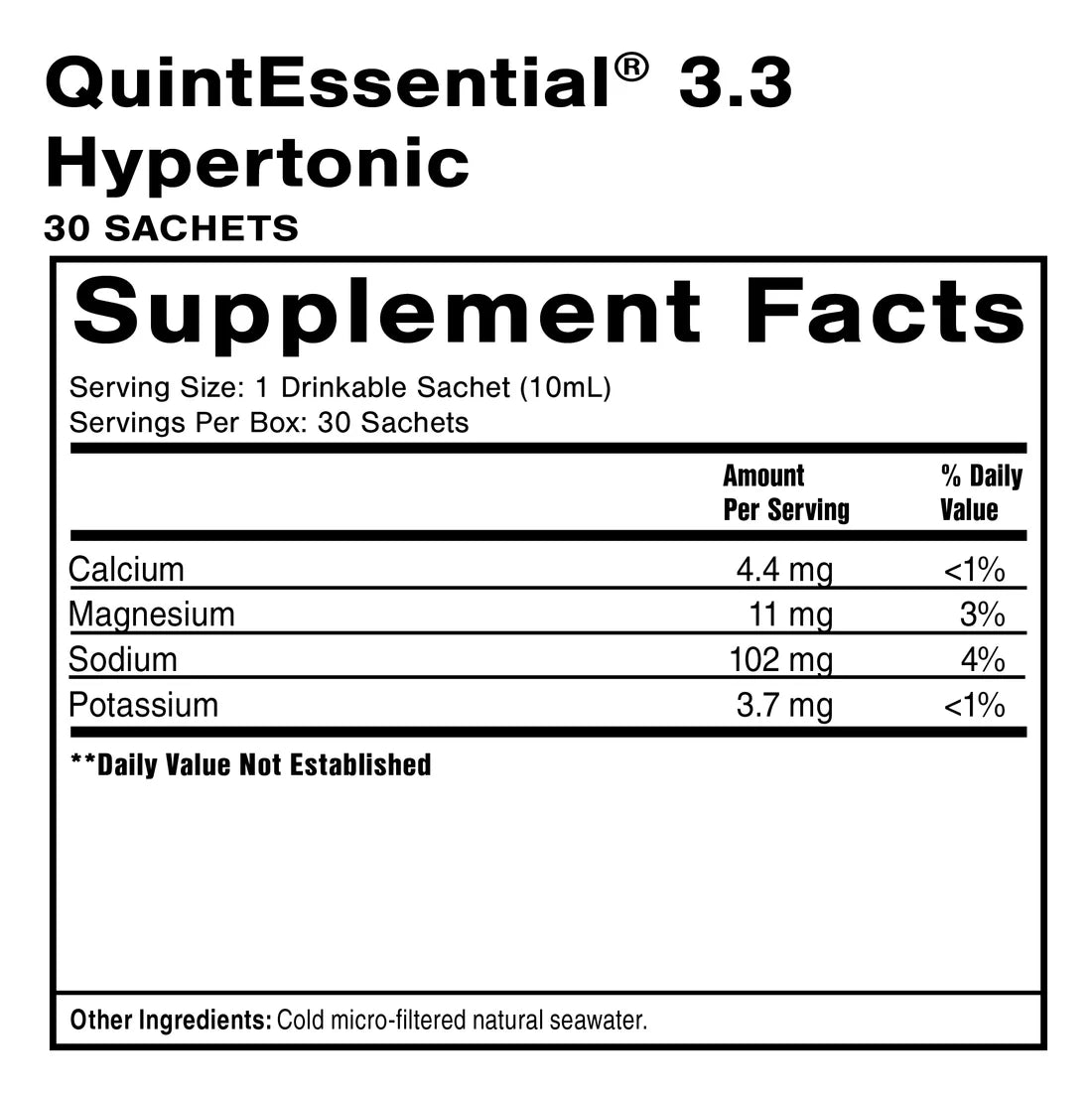Supplement facts label for QuintEssential 3.3 Hypertonic drinkable sachets.